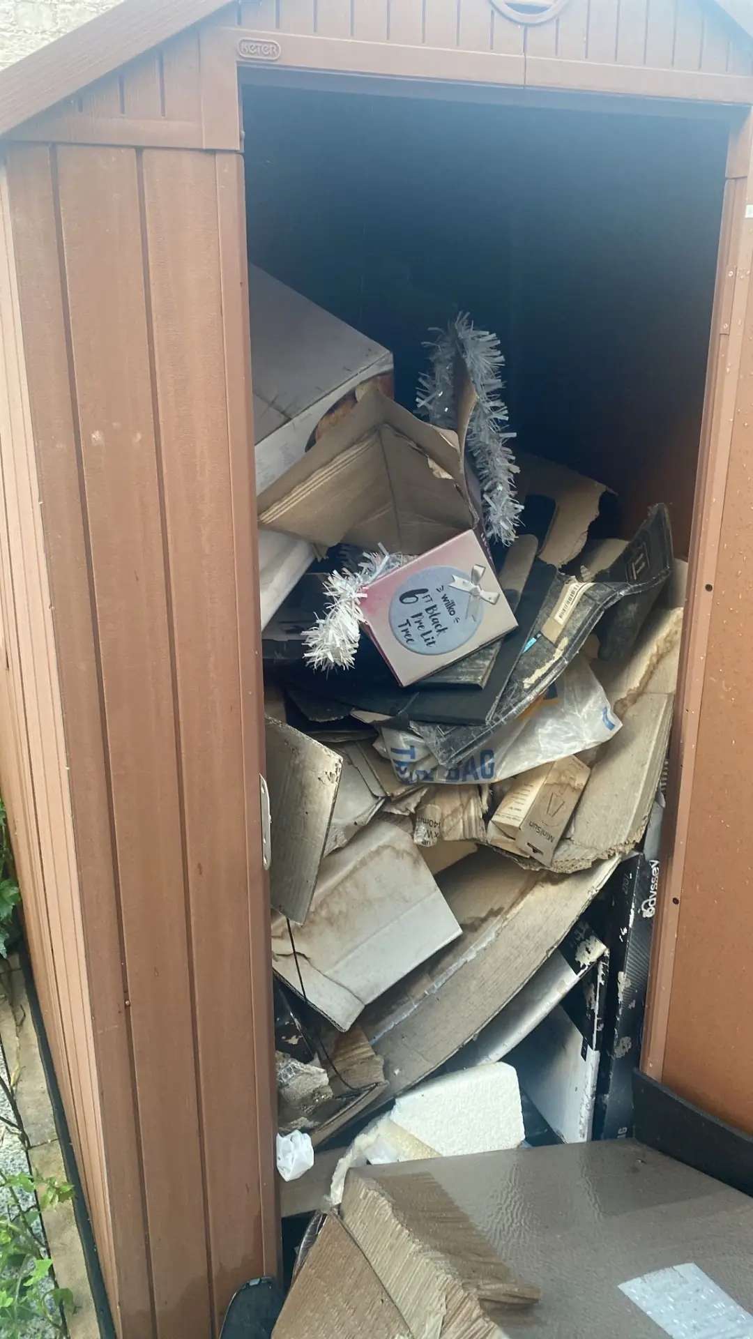 Inside a wooden shed filled with boxes, timber offcuts and clutter